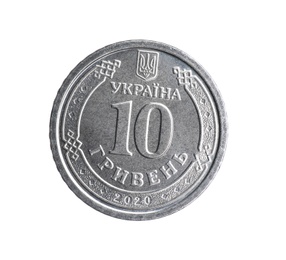 Photo of Ukrainian coin isolated on white. National currency