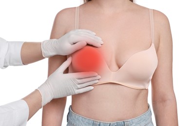 Image of Mammologist checking woman's breast on white background, closeup