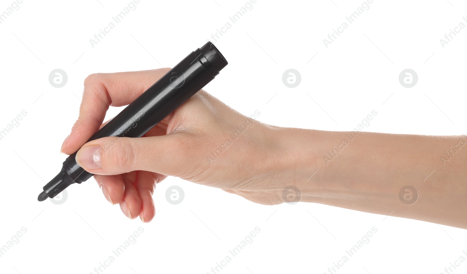 Photo of Woman holding black marker on white background, closeup