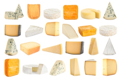 Set with different sorts of cheese on white background