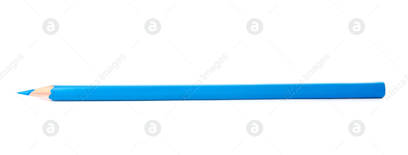Photo of Light blue wooden pencil on white background. School stationery