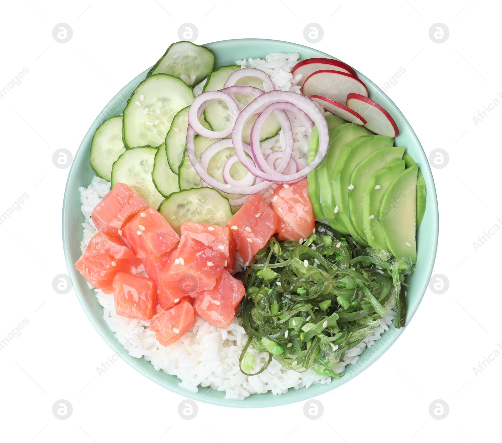 Photo of Delicious poke bowl with salmon, seaweed and vegetables isolated on white, top view