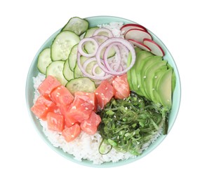 Delicious poke bowl with salmon, seaweed and vegetables isolated on white, top view