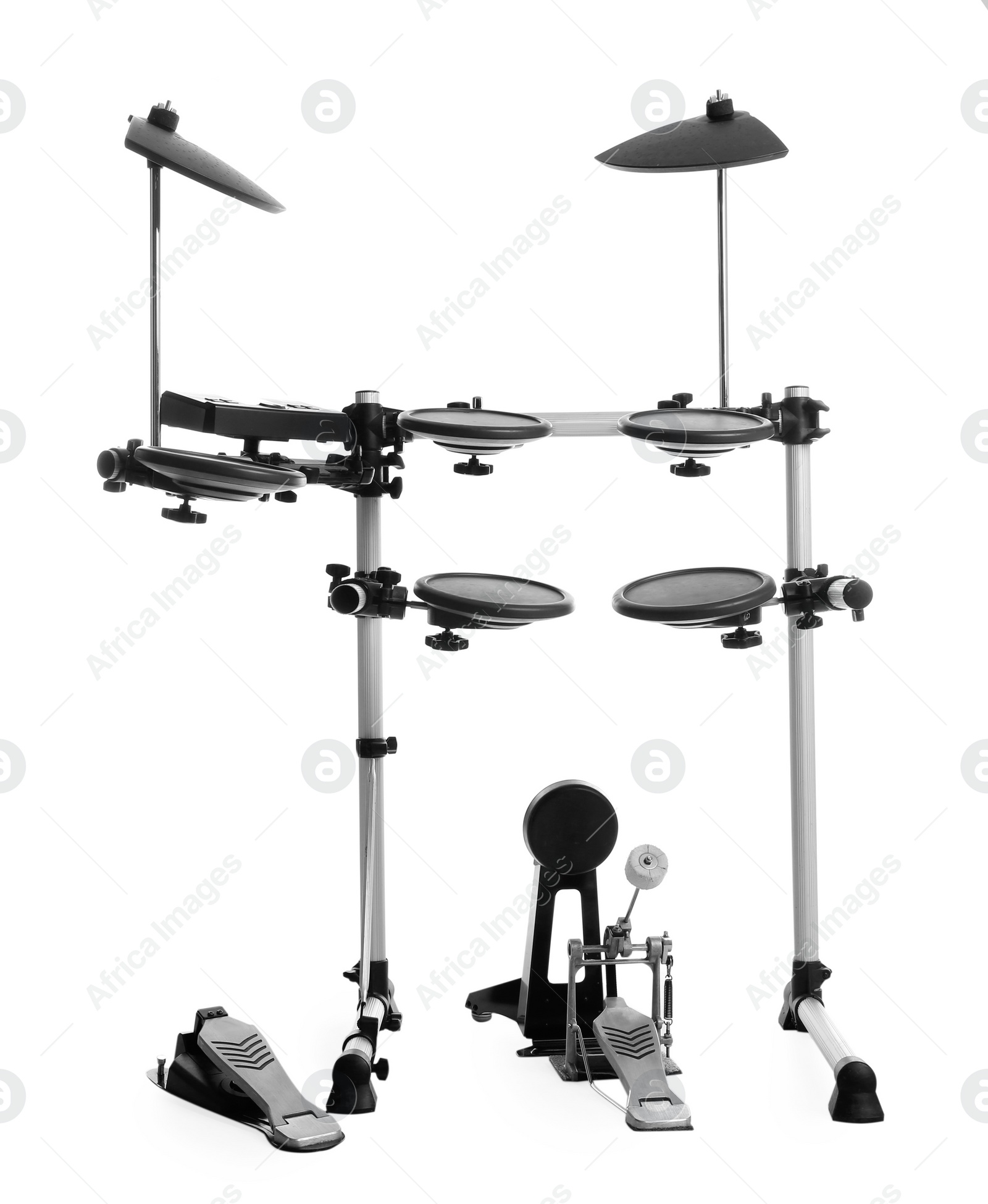 Photo of Modern electronic drum kit on white background. Music instrument