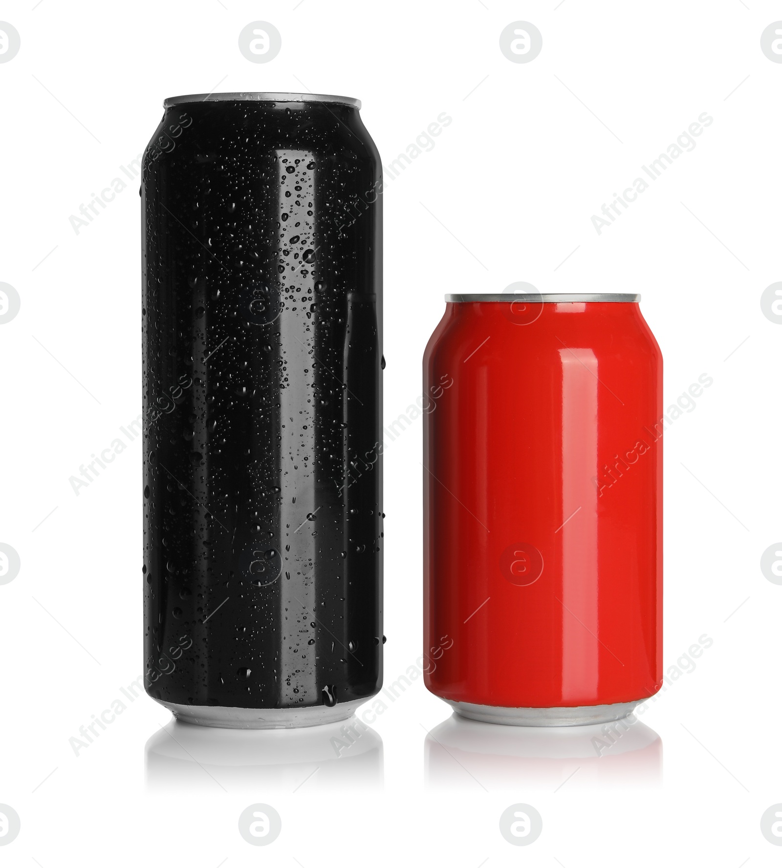 Photo of Aluminum cans with drinks on white background