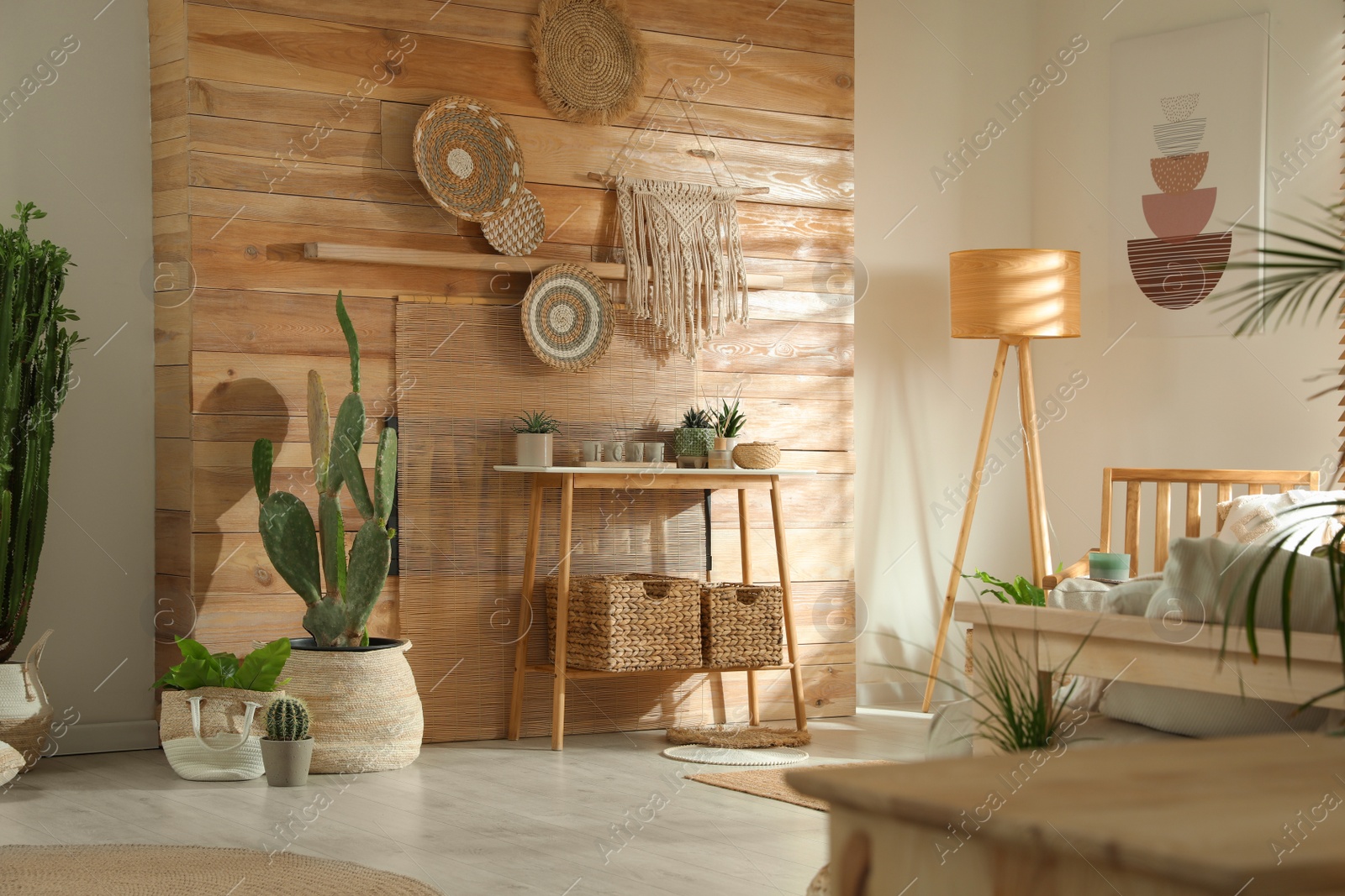 Photo of Stylish living room interior with wooden furniture and beautiful houseplants