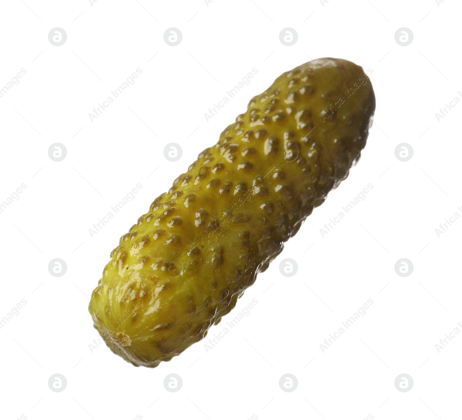 Photo of One tasty pickled cucumber isolated on white