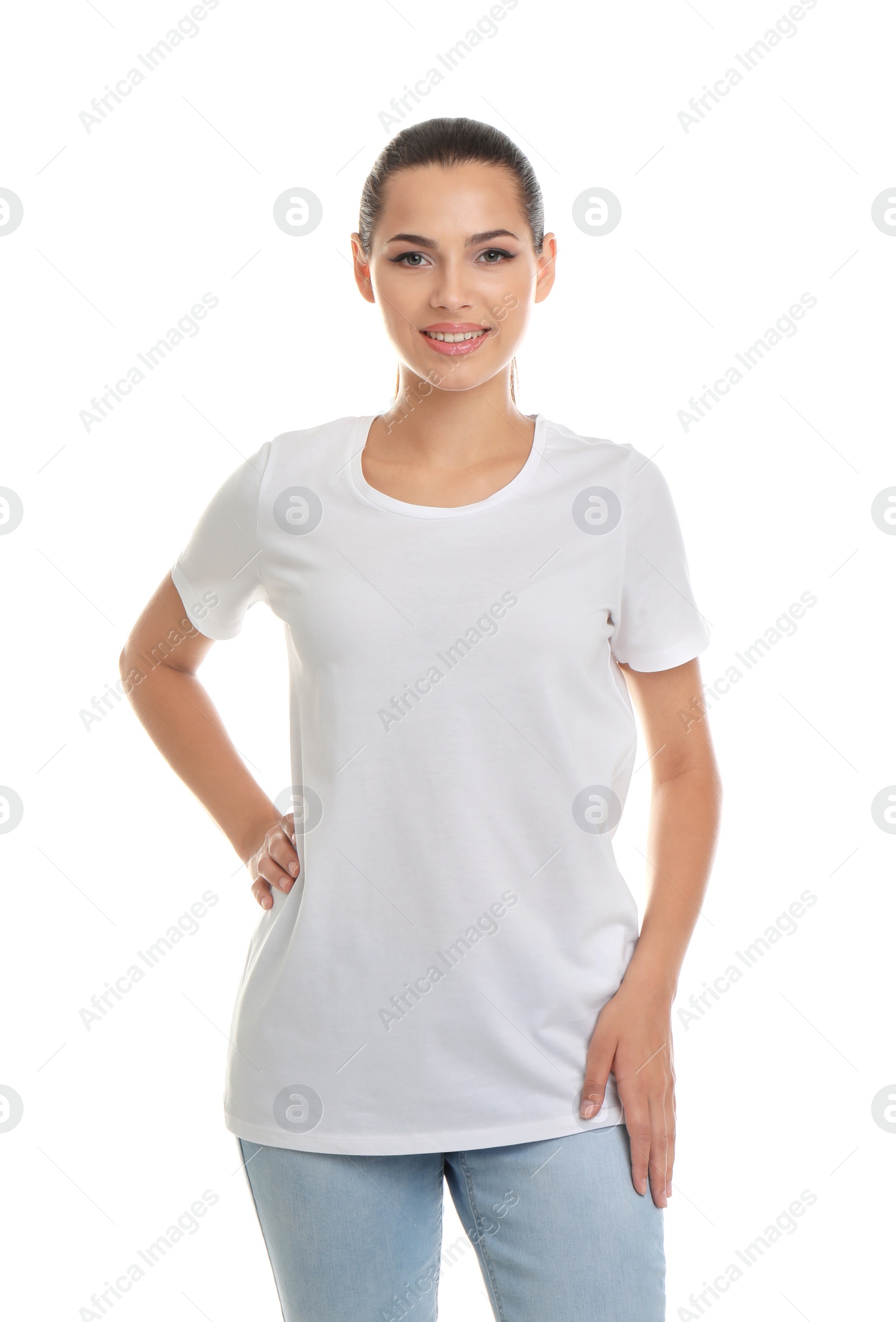 Photo of Young woman in t-shirt on white background. Mockup for design