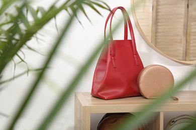 Photo of Different stylish woman's bags on wooden shelf