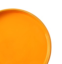 Photo of Bucket with orange paint on white background, top view. Space for text