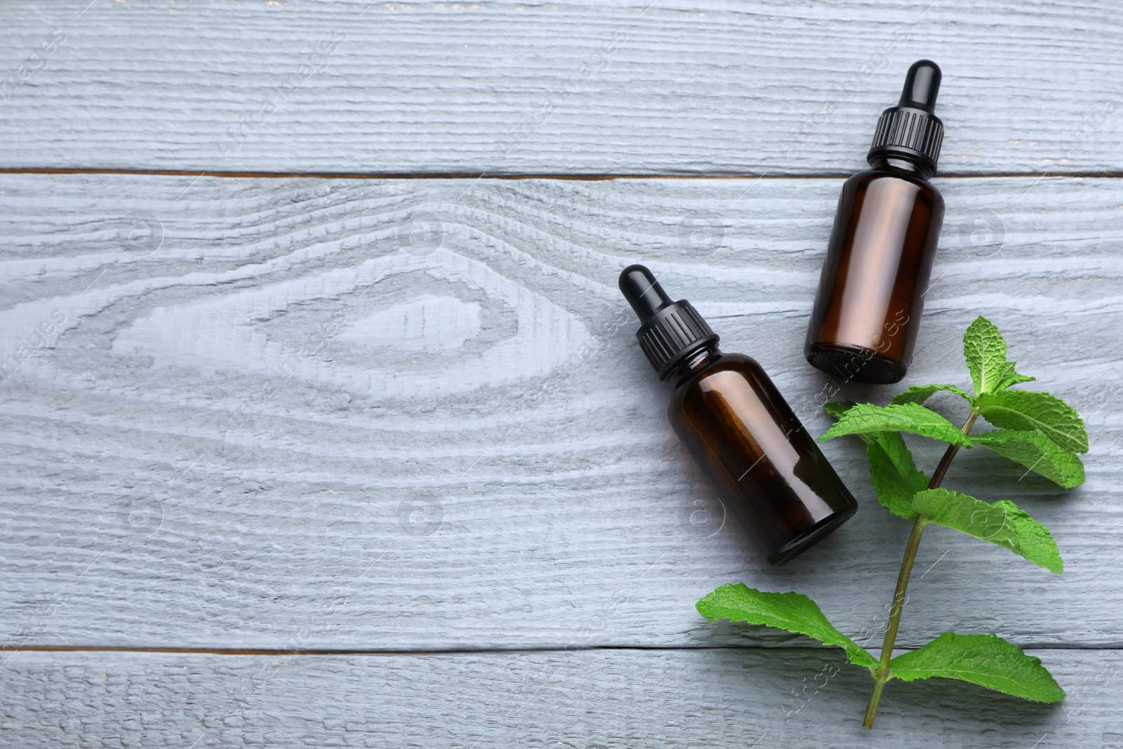 Photo of Bottles of essential oil and mint on grey wooden table, flat lay. Space for text