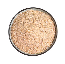 Photo of Wheat bran in bowl on white background, top view