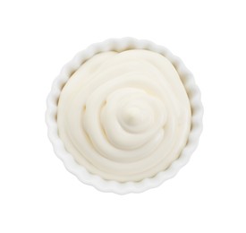 Photo of Fresh mayonnaise sauce in bowl isolated on white, top view