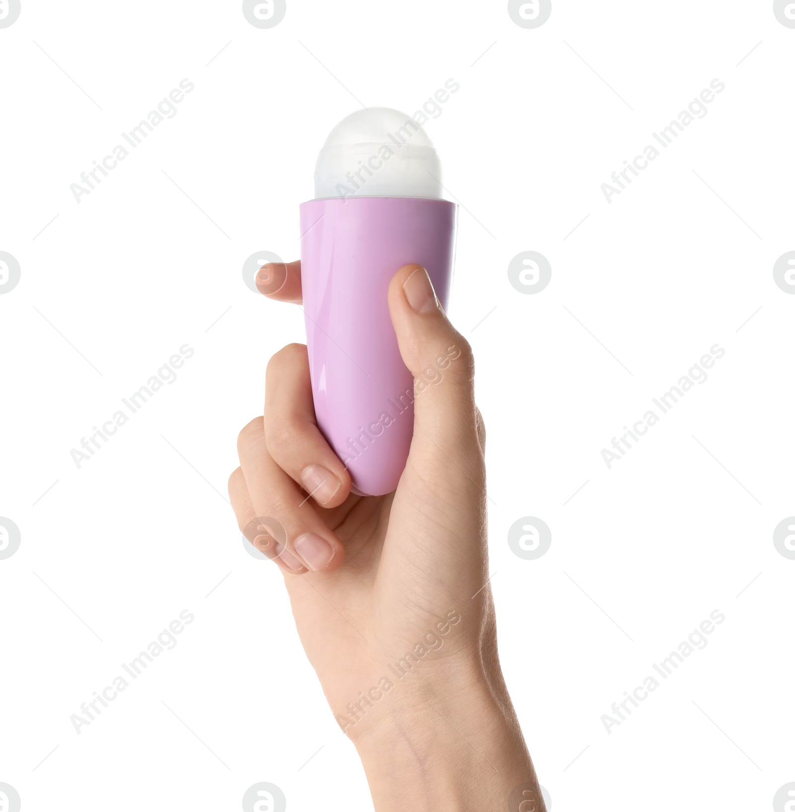 Photo of Woman holding roll-on deodorant on white background, closeup