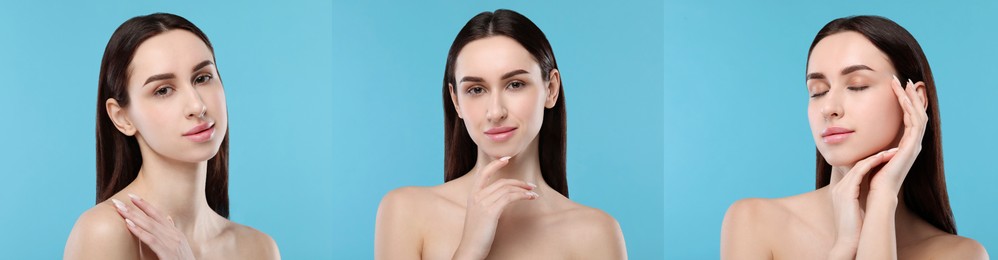 Image of Beautiful woman with perfect skin on light blue background, collage of photos. Banner design