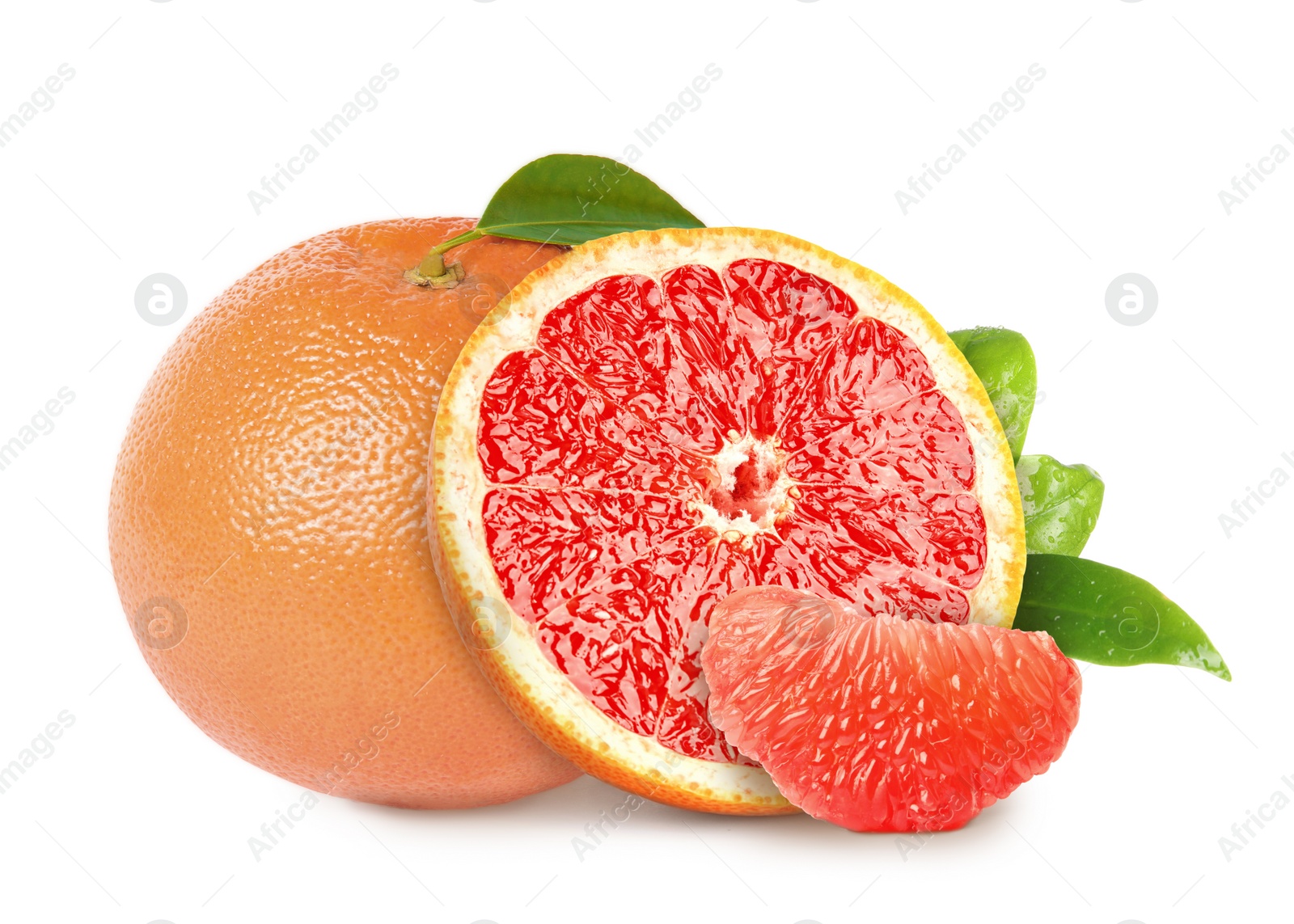 Image of Tasty ripe grapefruits and green leaves on white background