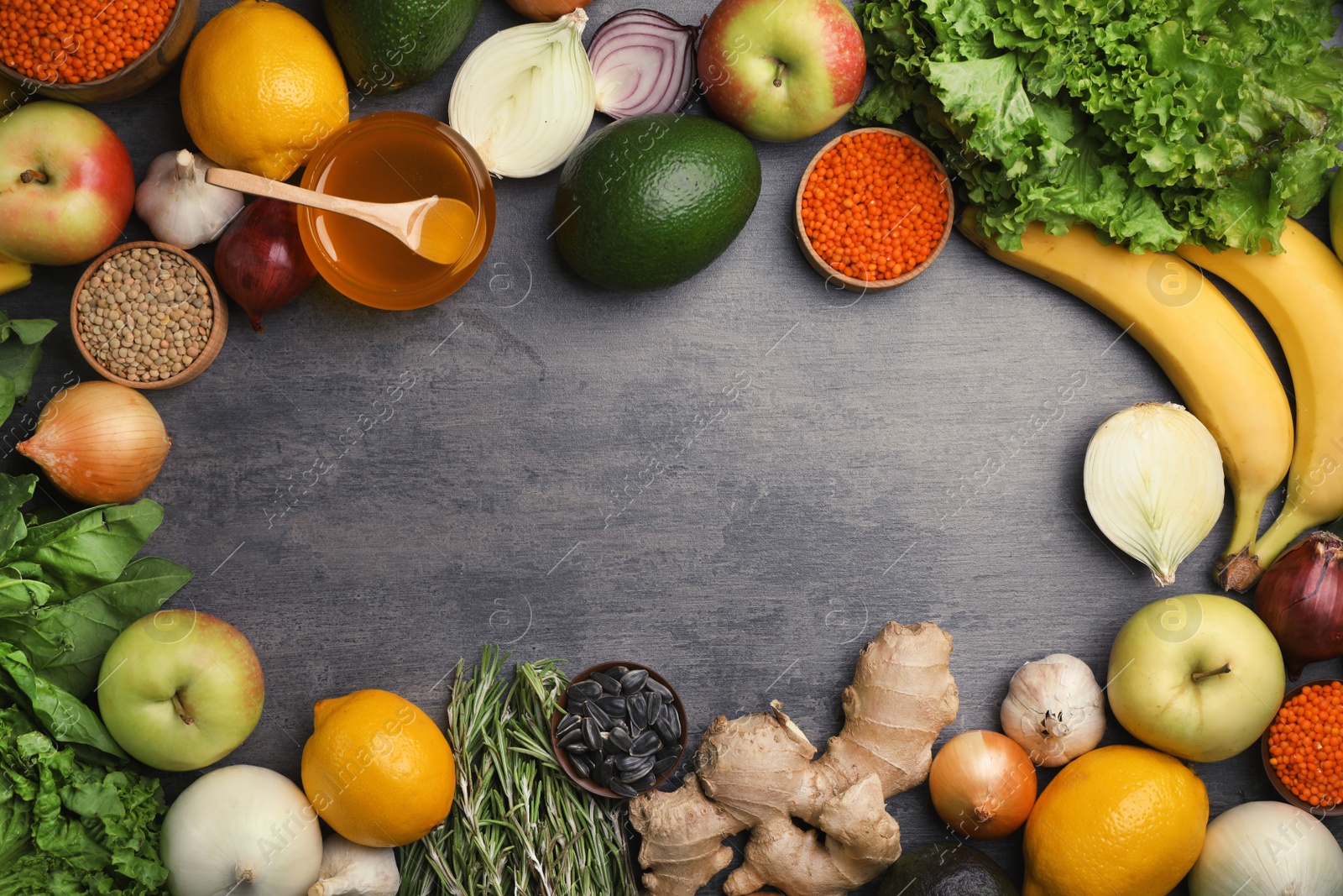 Photo of Flat lay composition with natural products and space for text on color background. Home remedies for asthma