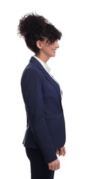 Photo of Young businesswoman in suit standing on white background