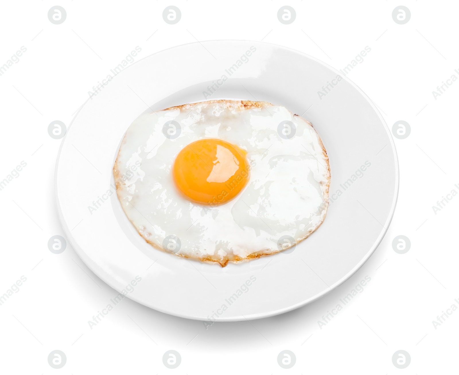 Photo of Plate with delicious fried egg isolated on white