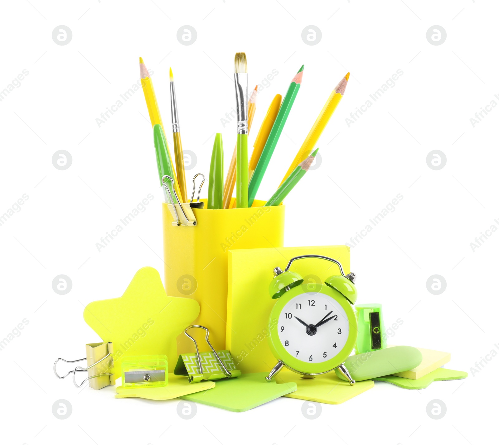 Photo of Set of colorful school stationery on white background