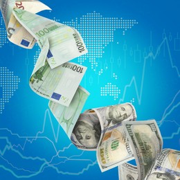 Image of Money exchange. Euro banknotes turning into dollars while falling on light blue background. Graphs and world map illustration