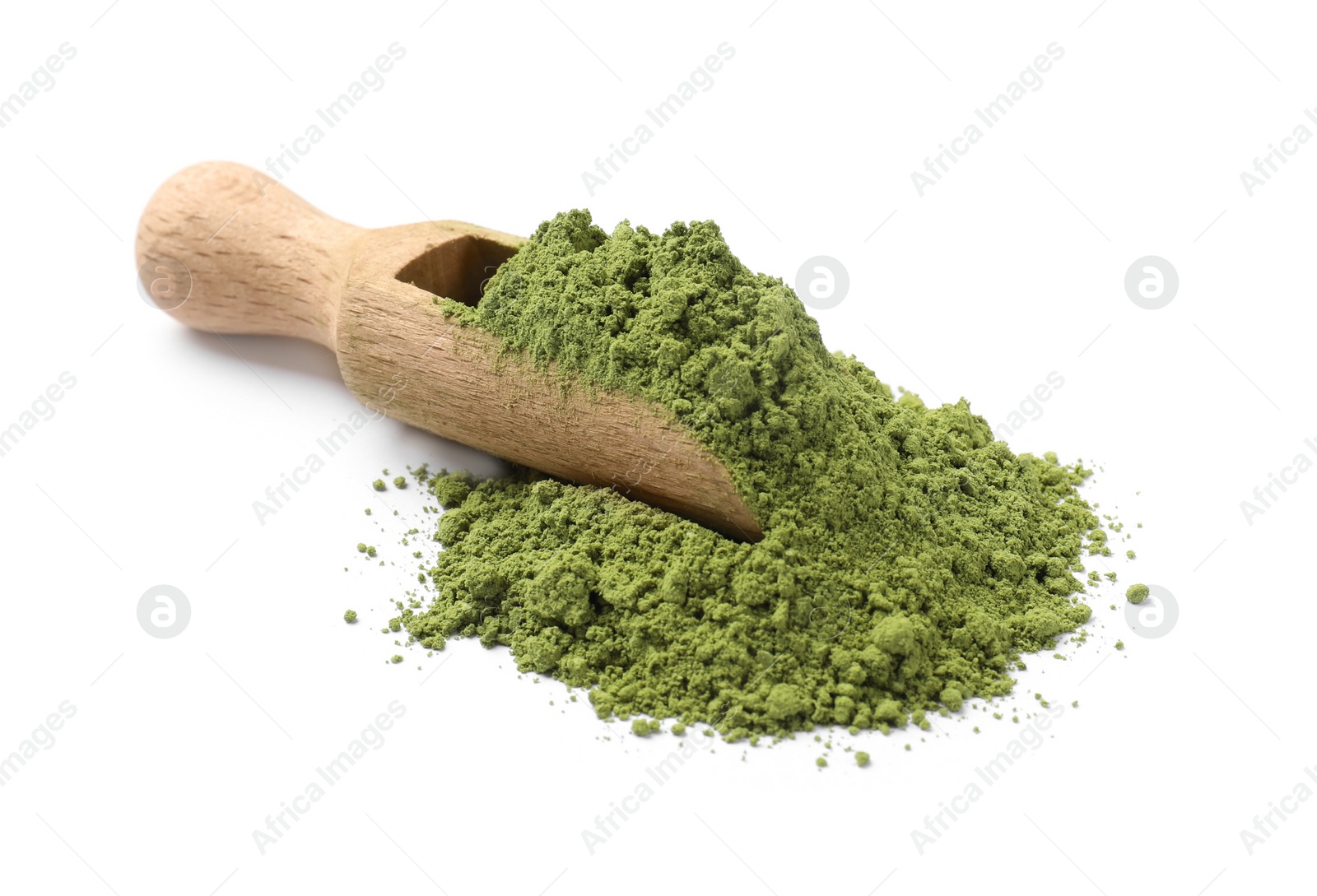 Photo of Scoop of green matcha powder isolated on white