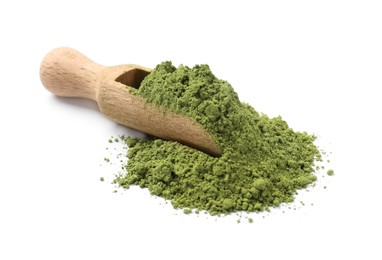 Scoop of green matcha powder isolated on white