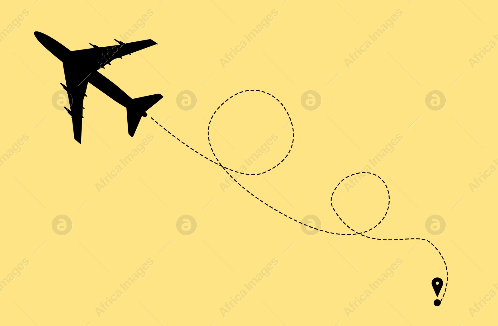 Illustration of Flight direction illustration. Plane silhouette and pin connected by dashed line on yellow background