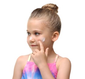 Photo of Cute girl applying sun protection cream onto her face against white background