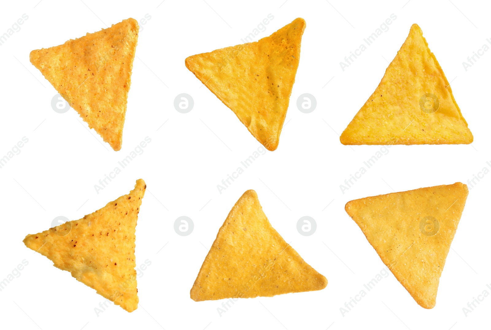 Image of Set with tasty tortilla chips (nachos) on white background