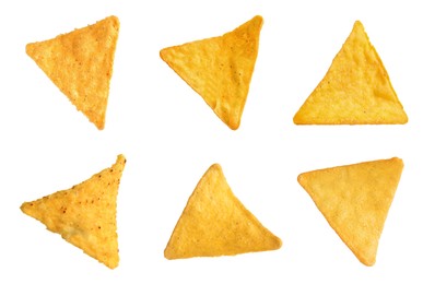 Set with tasty tortilla chips (nachos) on white background