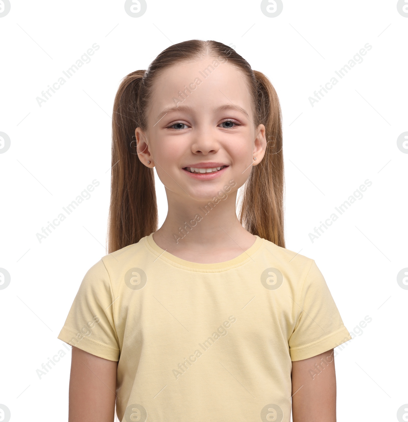 Photo of Portrait of smiling girl on white background