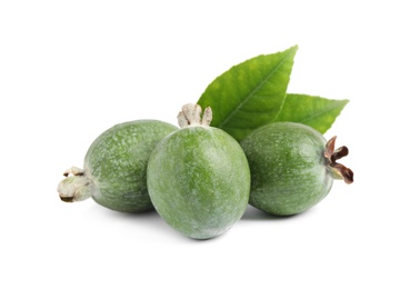 Photo of Pile of feijoas and leaves on white background