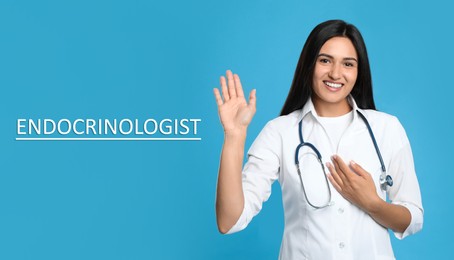 Image of Endocrinologist with stethoscope on light blue background, banner design