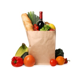 Paper bag with groceries on white background