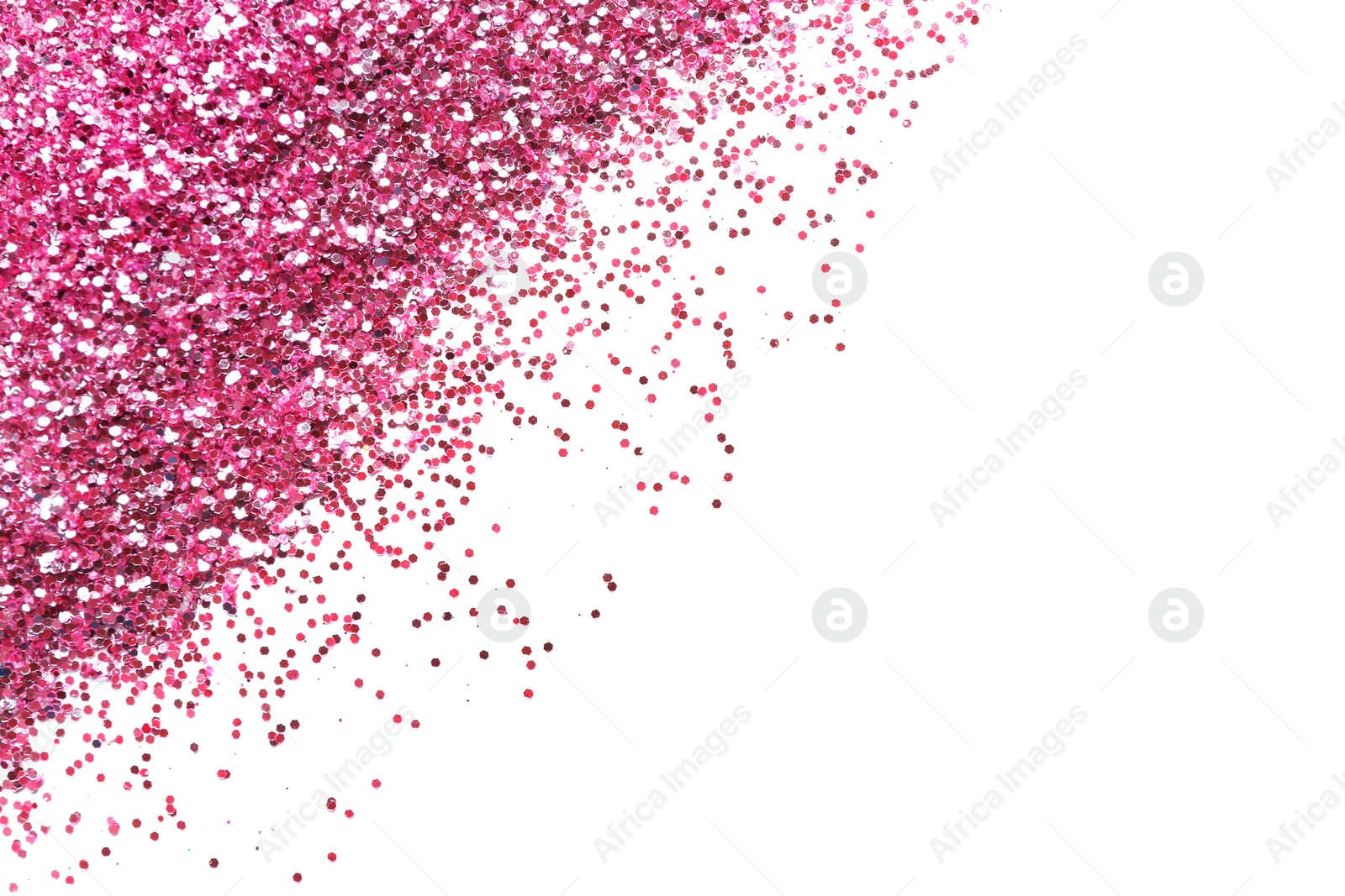 Photo of Pink glitter on white background, top view