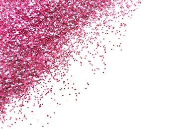 Pink glitter on white background, top view