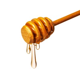 Image of Natural honey dripping from dipper on white background