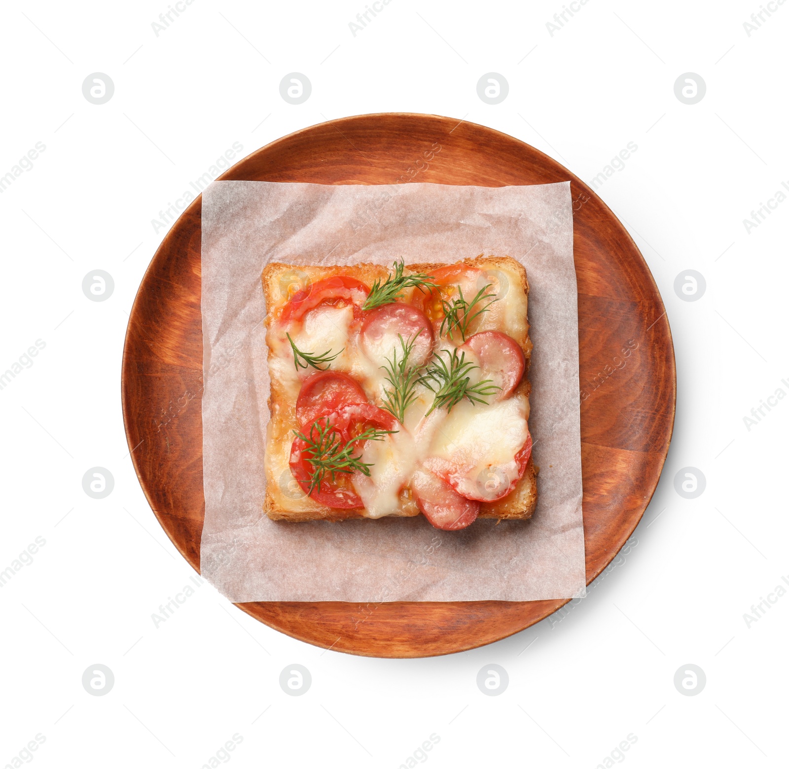 Photo of Tasty pizza toast with cheese, tomato and dill isolated on white, top view