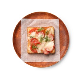 Tasty pizza toast with cheese, tomato and dill isolated on white, top view