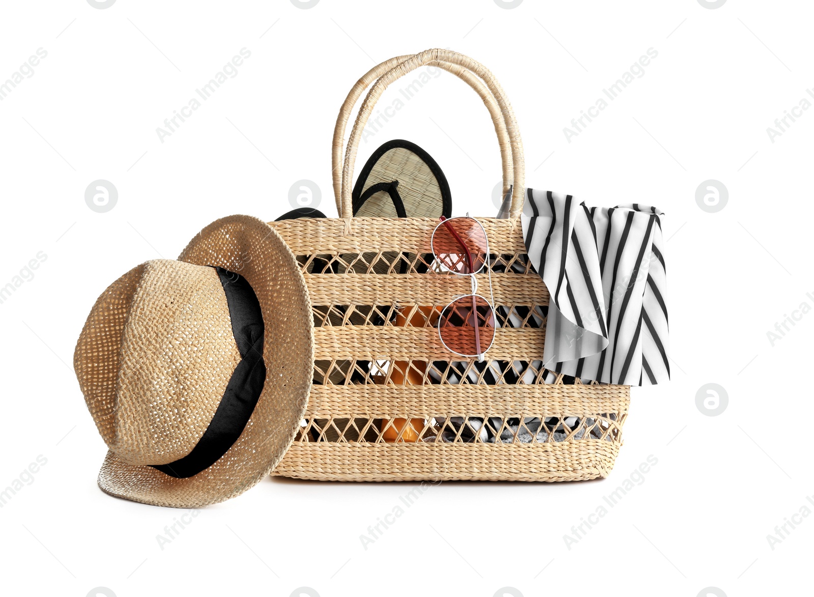 Photo of Set of beach accessories on white background