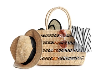 Set of beach accessories on white background