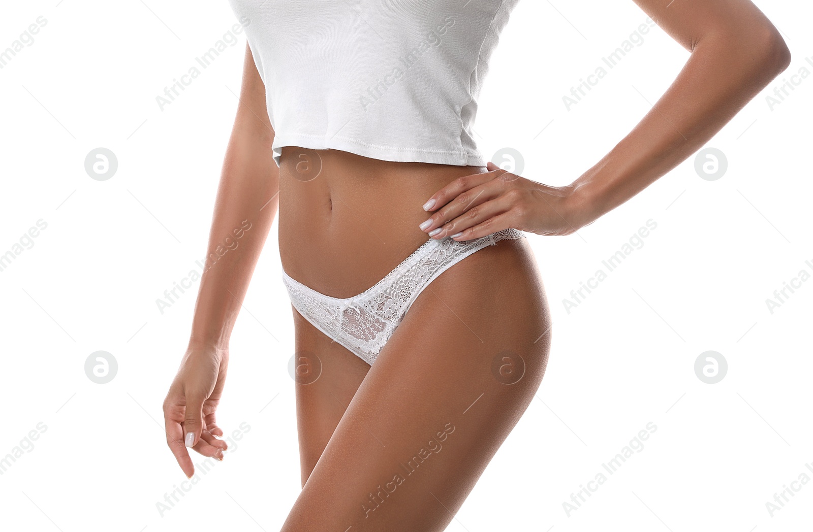 Photo of Woman in sexy panties and top on white background, closeup