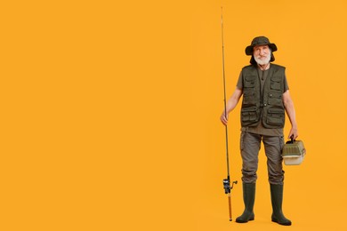 Fisherman with rod and box for fishing tackle on yellow background, space for text