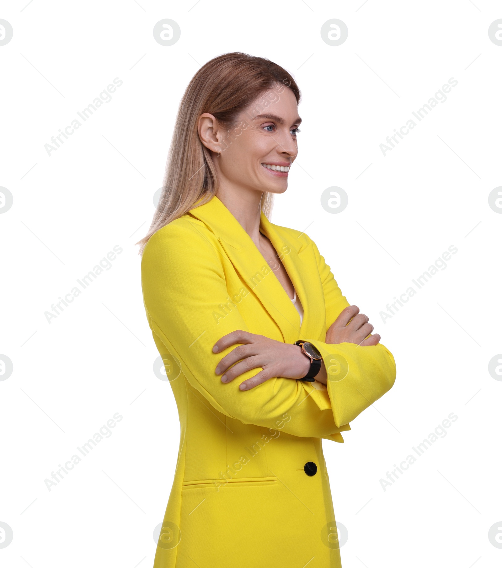 Photo of Beautiful happy businesswoman crossing arms on white background