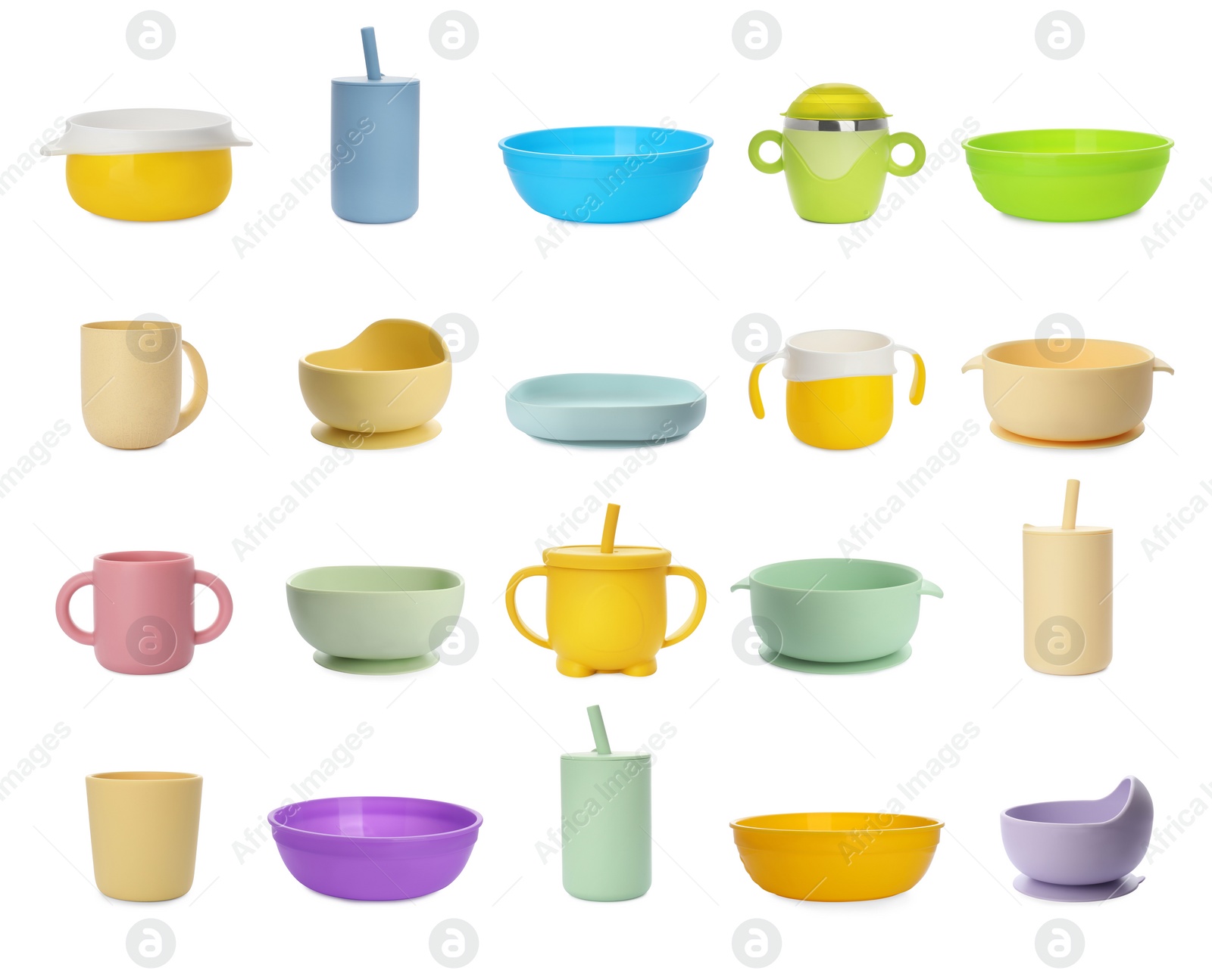 Image of Set with colorful dishware on white background. Serving baby food