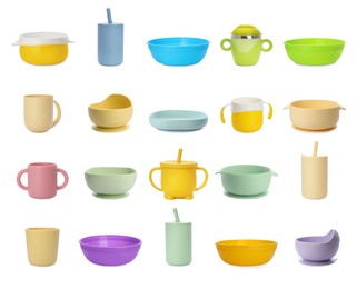 Image of Set with colorful dishware on white background. Serving baby food