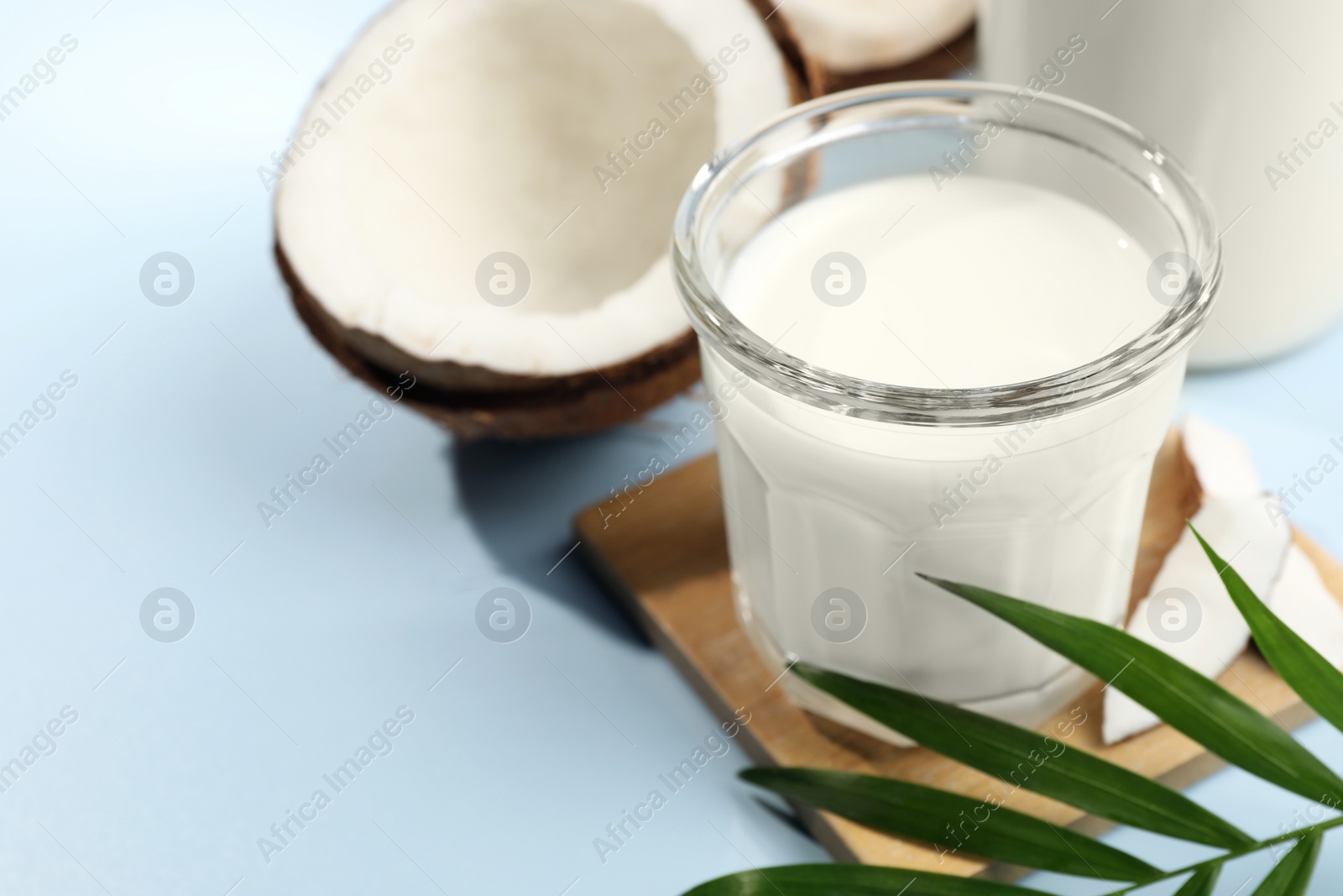 Photo of Glass of delicious vegan milk, coconuts and leaf on light blue background, closeup. Space for text