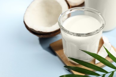 Glass of delicious vegan milk, coconuts and leaf on light blue background, closeup. Space for text