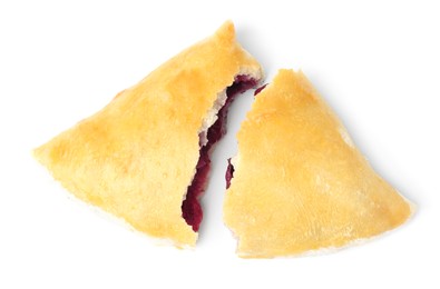 Photo of Tasty samosa with berry filling isolated on white, top view